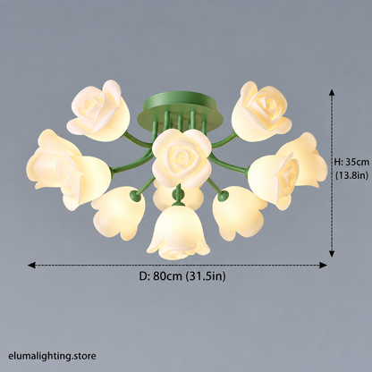French Glass Flower LED Ceiling Lamp - Hot Bent Floral Shades on Brushed Nickel Frame