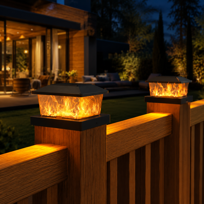 4 Pack Solar Post Cap Lights - IP65 Waterproof Fence Lights with Warm White and Flickering Flame Modes for 4x4 Wood or Vinyl Posts