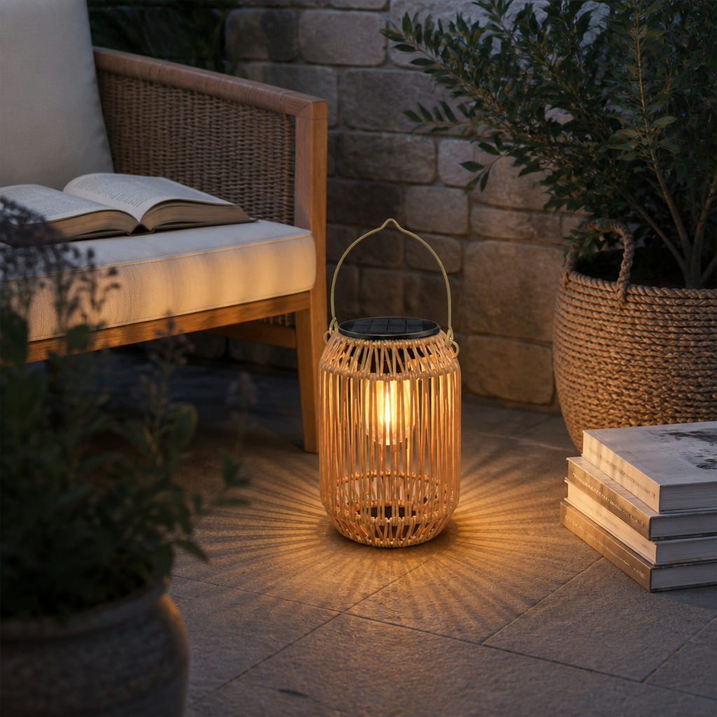 Boho Rattan Solar Lantern - IP65 Hanging Warm LED Garden Light