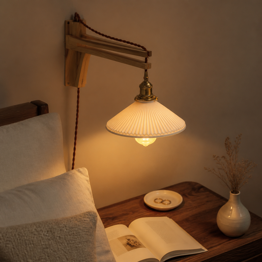 Japanese Vintage Wall Lamp - Wabi-Sabi Walnut Wood Sconce for Bedside & Hallway