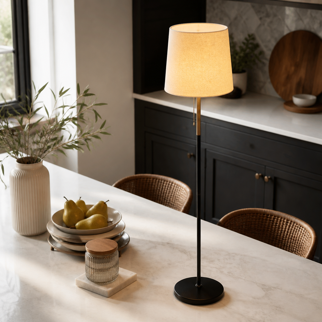 Linen Floor Lamp - Contemporary Fabric Shade Standing Light in Black, Grey or Creamy White with Warm LED Glow for Sofa and Bedroom