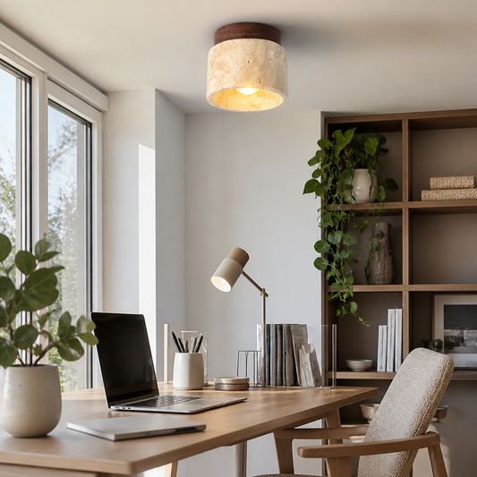 Wabi-Sabi Flush Mount Ceiling Light - Travertine Stone & Wood Lamp for Hallway & Study