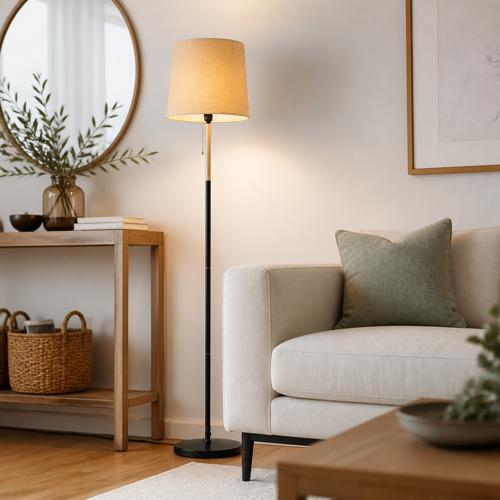 Linen Floor Lamp - Contemporary Fabric Shade Standing Light in Black, Grey or Creamy White with Warm LED Glow for Sofa and Bedroom