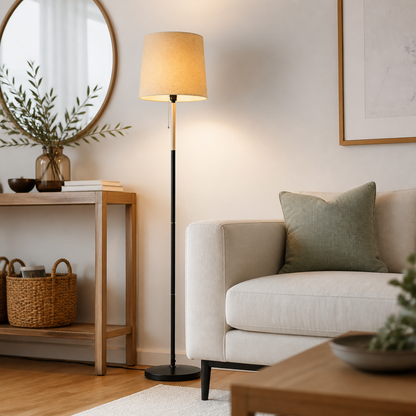 Linen Floor Lamp - Contemporary Fabric Shade Standing Light in Black, Grey or Creamy White with Warm LED Glow for Sofa and Bedroom