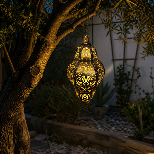 Moroccan Hanging Solar Lantern - Warm LED Metal Garden Lantern
