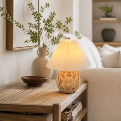 Retro Rattan Ball Table Lamp - Pleated Fabric Shade USB Light for Bedside & Nightstand