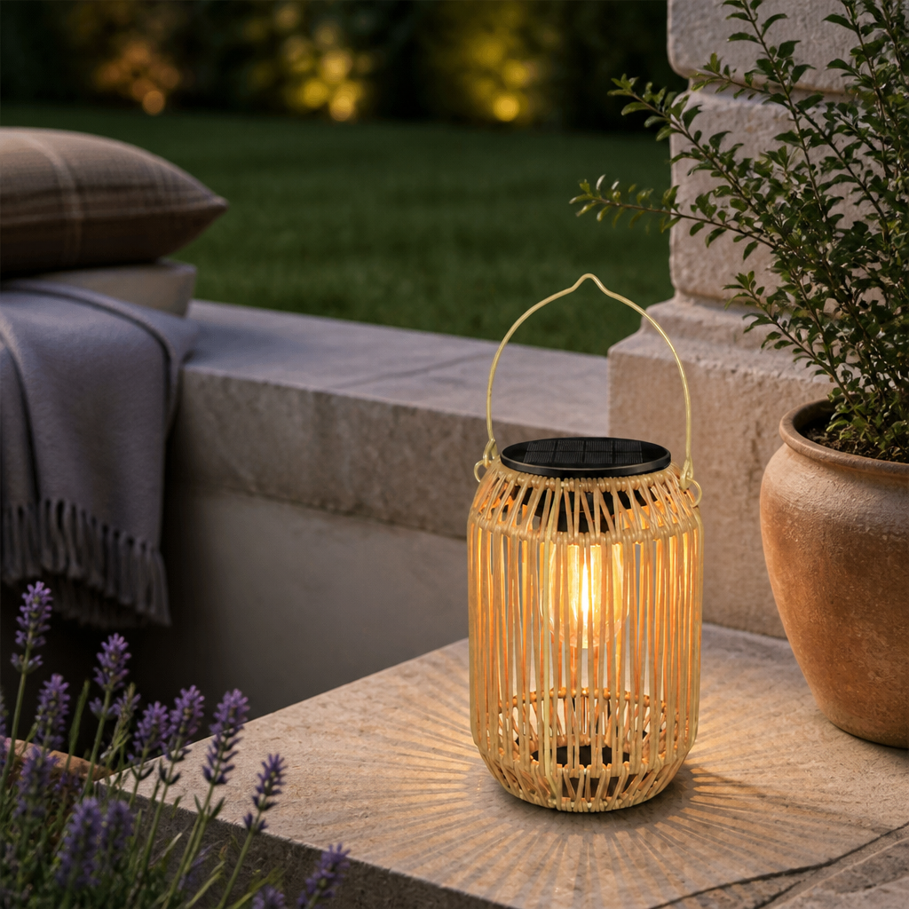 Boho Rattan Solar Lantern - IP65 Hanging Warm LED Garden Light