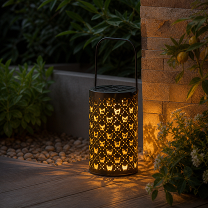 Butterfly Solar Lantern - Hollow Cut Iron Garden Light with Carry Handle, Warm LED Glow, 19.8cm Height and 10cm Base for Patios and Pathways
