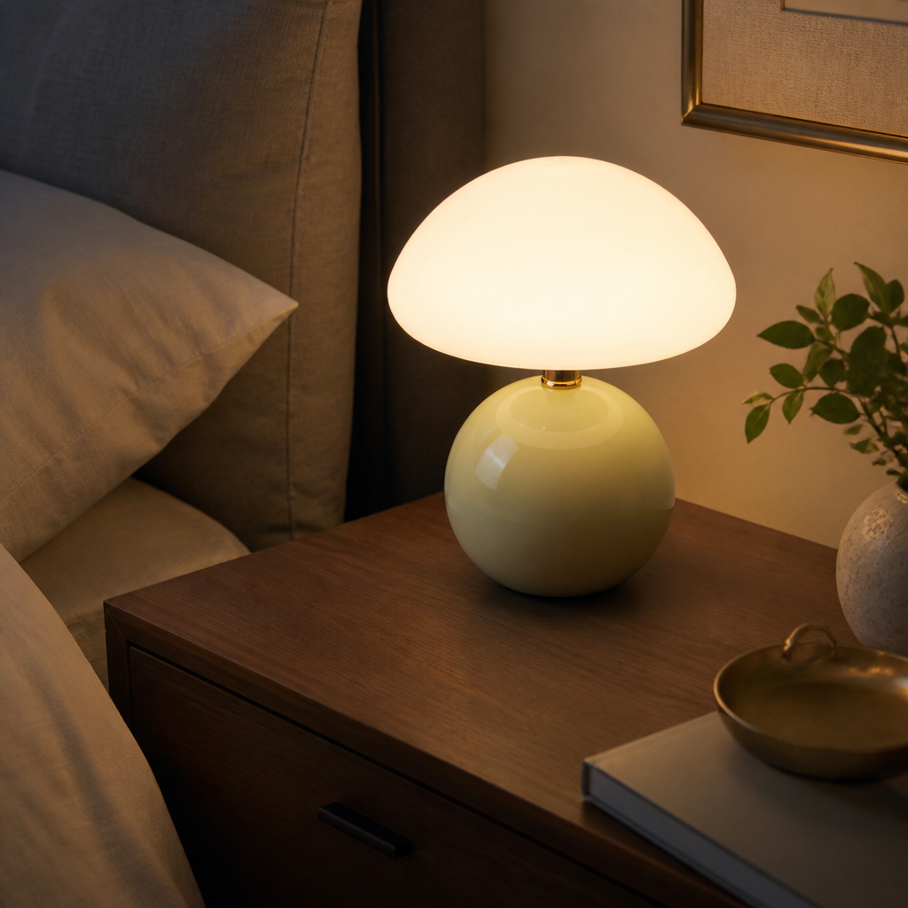 Ceramic Mushroom Table Lamp - Nordic Cream Glass Bedside Lamp with 6W G9 Bulb Included