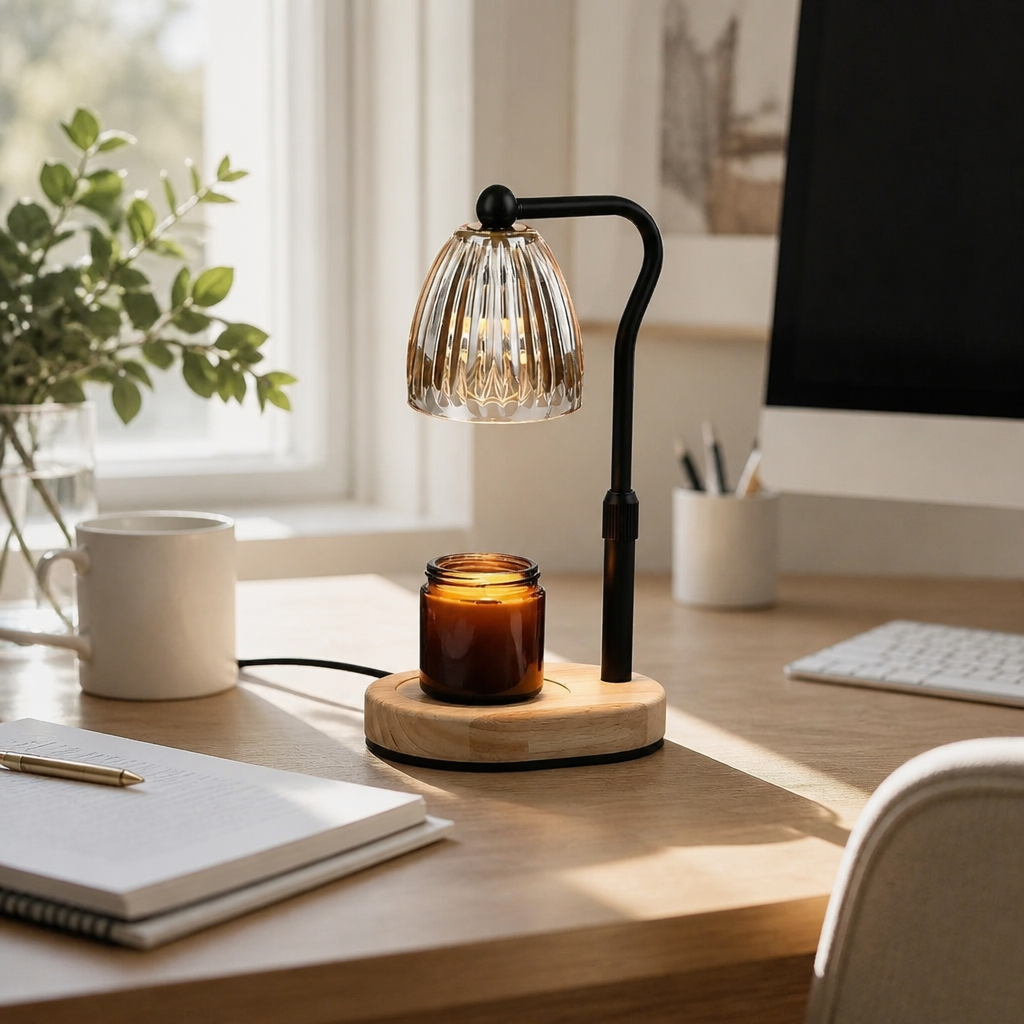 Dimmable Candle Warmer Lamp with Timer - Flameless Glass and Metal Wax Melting Light with Adjustable Height for Nightstand and Dresser