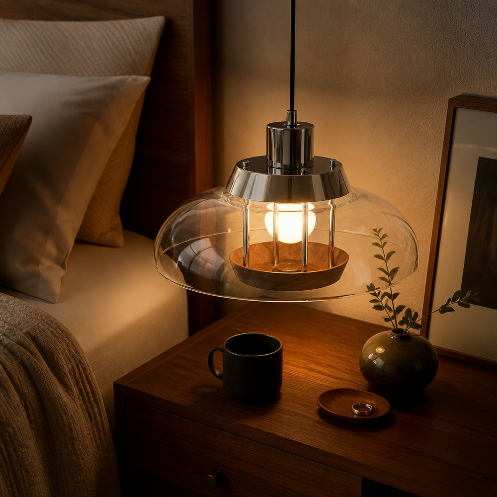 Bauhaus UFO Pendant Light - 35cm Walnut Wood & Glass Lamp for Dining Table & Bedside