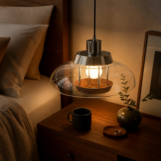 Bauhaus UFO Pendant Light - 35cm Walnut Wood & Glass Lamp for Dining Table & Bedside