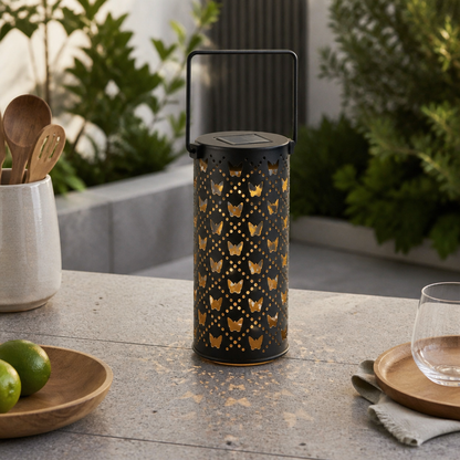 Butterfly Solar Lantern - Hollow Cut Iron Garden Light with Carry Handle, Warm LED Glow, 19.8cm Height and 10cm Base for Patios and Pathways