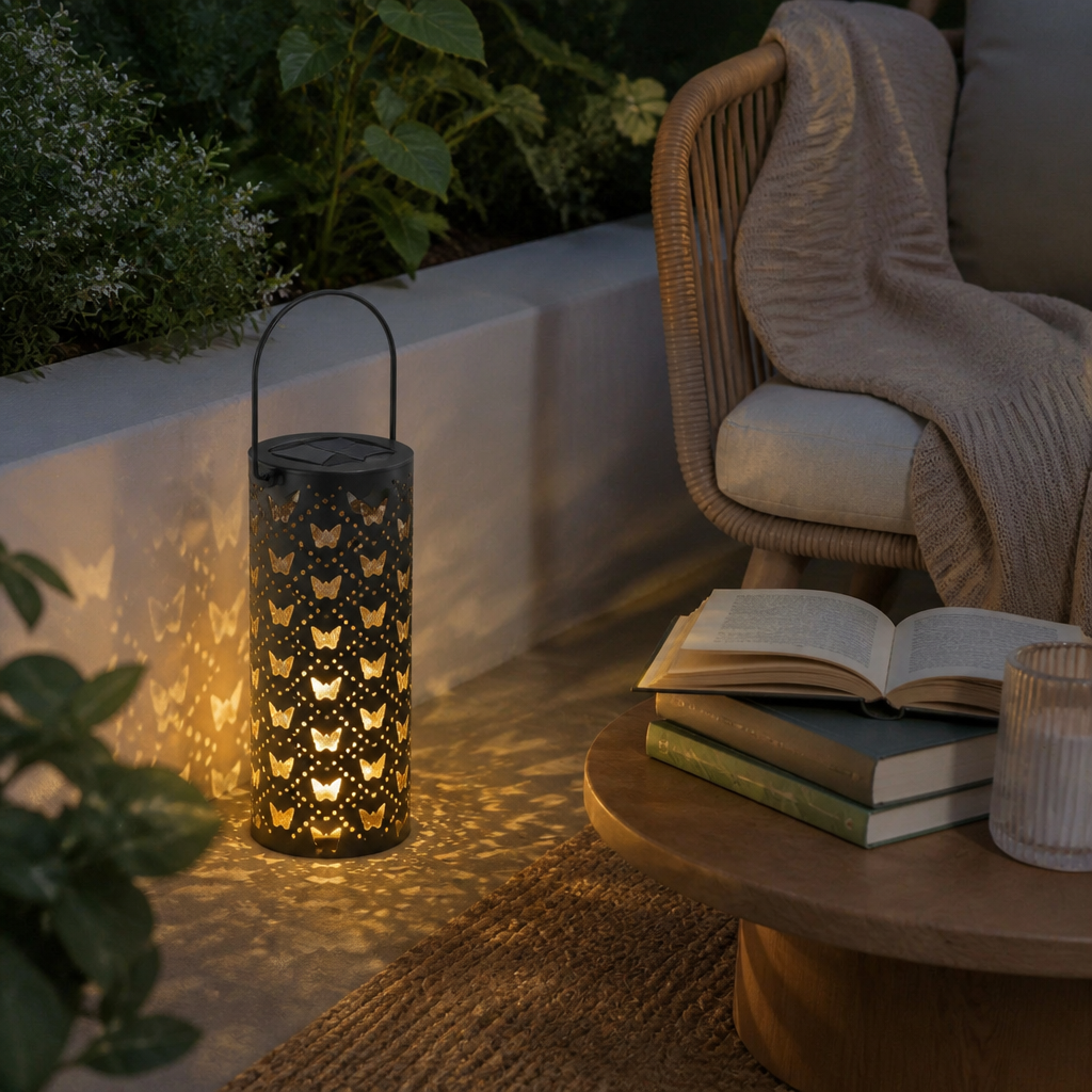 Butterfly Solar Lantern - Hollow Cut Iron Garden Light with Carry Handle, Warm LED Glow, 19.8cm Height and 10cm Base for Patios and Pathways