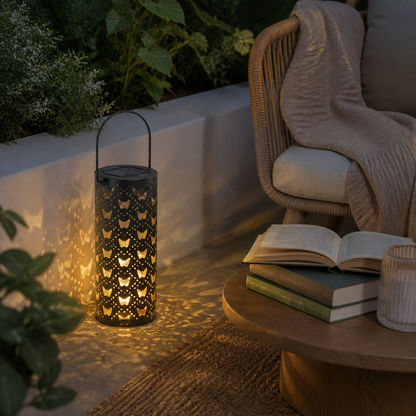 Butterfly Solar Lantern - Hollow Cut Iron Garden Light with Carry Handle, Warm LED Glow, 19.8cm Height and 10cm Base for Patios and Pathways