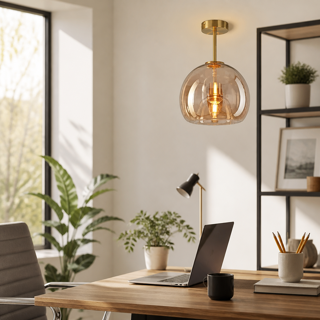 Cognac Glass Ceiling Light - Modern Amber Shade Flush Lamp for Dining Room & Hallway