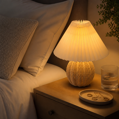 Retro Rattan Ball Table Lamp - Pleated Fabric Shade USB Light for Bedside & Nightstand