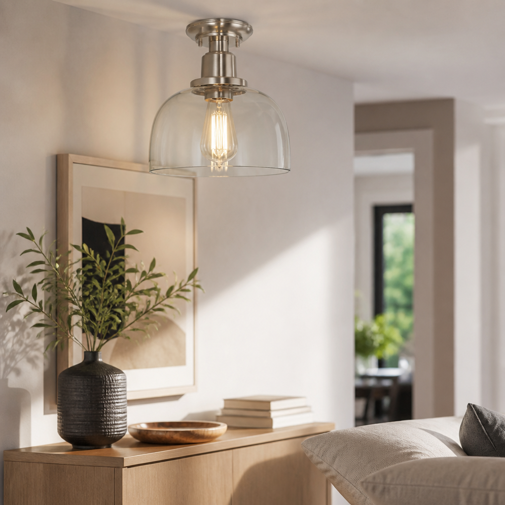 Clear Glass Shade Semi Flush Mount Ceiling Light - Brushed Nickel Fixing with Bulb Included for Corridor, Kitchen and Bedroom Ceilings