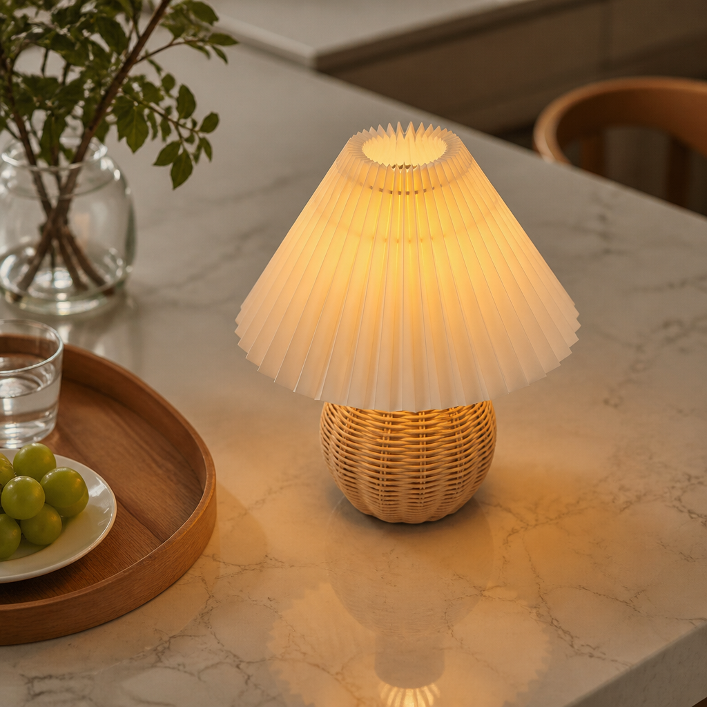 Retro Rattan Ball Table Lamp - Pleated Fabric Shade USB Light for Bedside & Nightstand