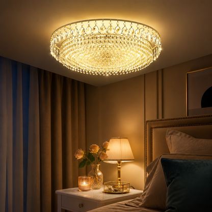 Gold Crystal Flush Mount Ceiling Chandelier - Plated Iron Frame with Individually Hung Drops in 4, 6 or 8 Head Sizes from 40 to 60cm