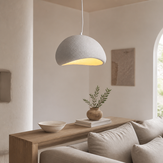 Nordic Wabi-Sabi Chandelier - Stone & Wood Pendant Light for Dining Room & Entryway