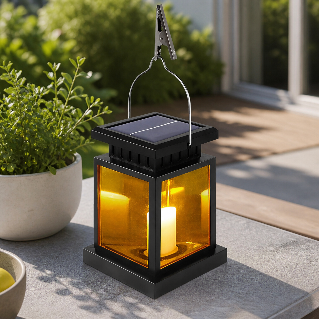 Solar Retro Palace Lantern - IP65 Waterproof Black ABS Hanging Light with 30 LED Warm White or Candle Flame and 8-10 Hour Runtime