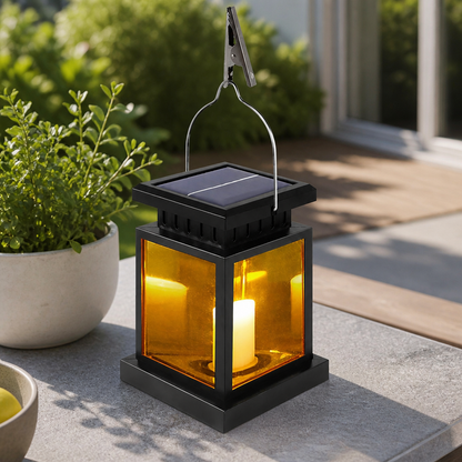 Solar Retro Palace Lantern - IP65 Waterproof Black ABS Hanging Light with 30 LED Warm White or Candle Flame and 8-10 Hour Runtime