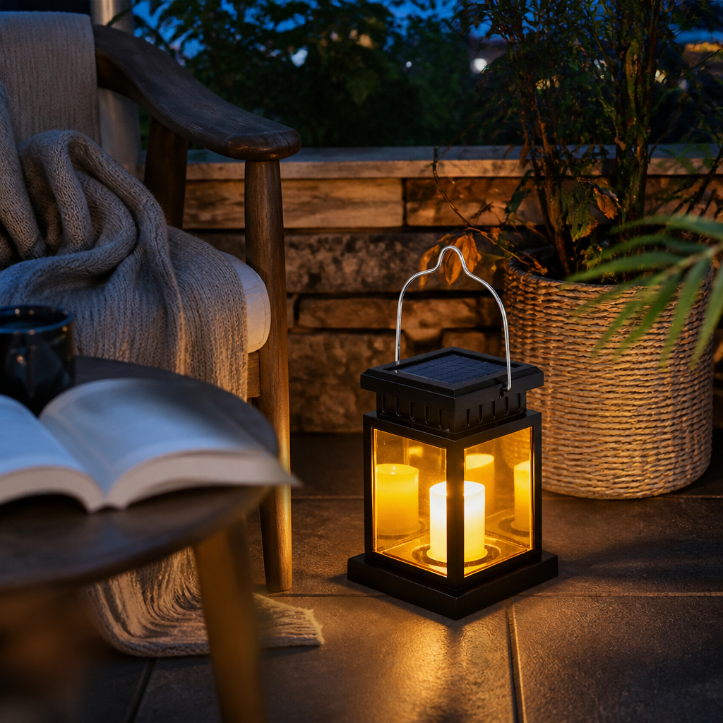 Solar Retro Palace Lantern - IP65 Waterproof Black ABS Hanging Light with 30 LED Warm White or Candle Flame and 8-10 Hour Runtime
