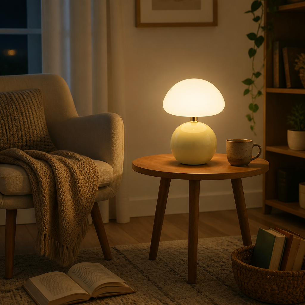 Ceramic Mushroom Table Lamp - Nordic Cream Glass Bedside Lamp with 6W G9 Bulb Included