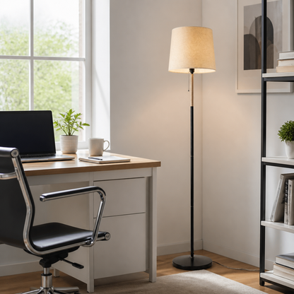 Linen Floor Lamp - Contemporary Fabric Shade Standing Light in Black, Grey or Creamy White with Warm LED Glow for Sofa and Bedroom