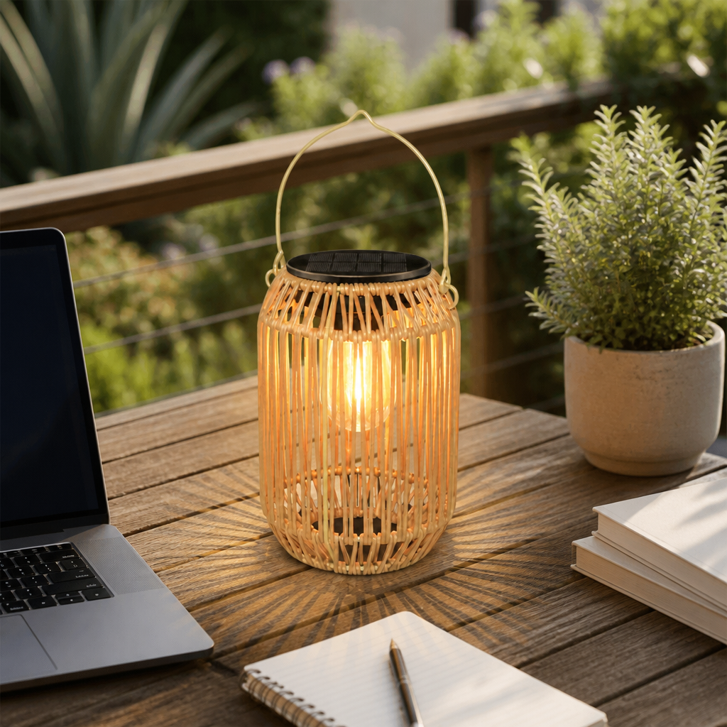 Boho Rattan Solar Lantern - IP65 Hanging Warm LED Garden Light