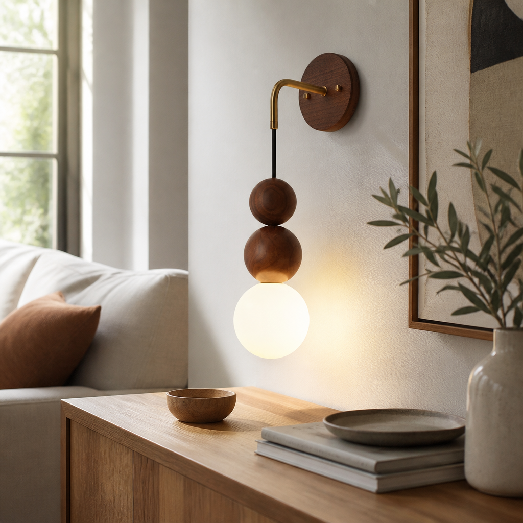 Japanese Retro Wall Lamp - Copper & Walnut Wood Sconce for Hallway & Bedside