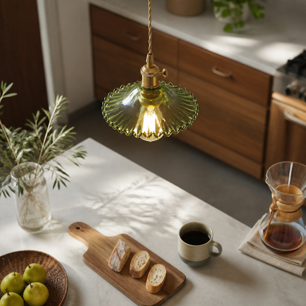 Nordic Vintage Chandelier - Brass and Glass Fitting in White, Green, Clear or Orange with Warm Glare-Free Glow for Dining Table and Entryway