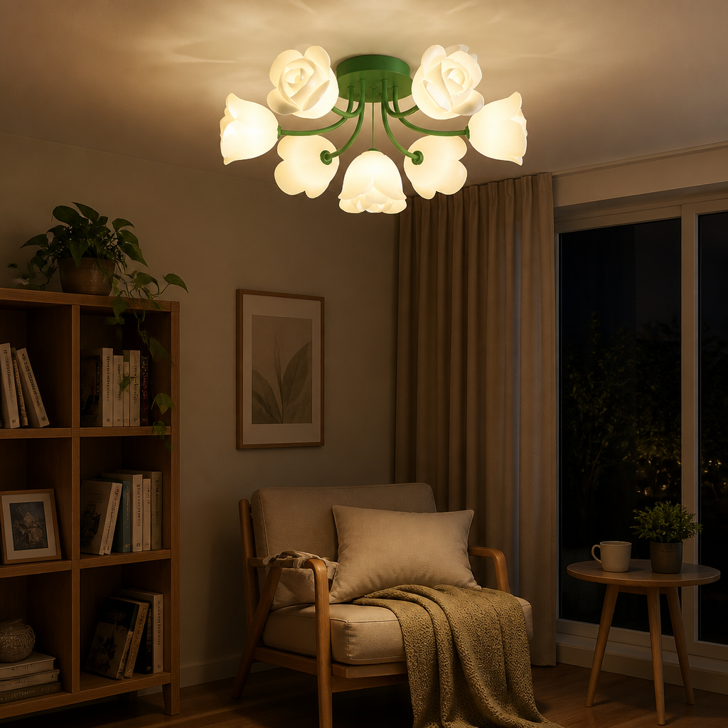French Glass Flower LED Ceiling Lamp - Hot Bent Floral Shades on Brushed Nickel Frame