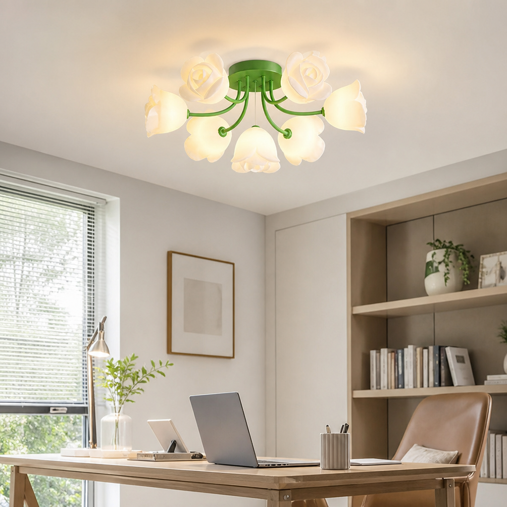 French Glass Flower LED Ceiling Lamp - Hot Bent Floral Shades on Brushed Nickel Frame