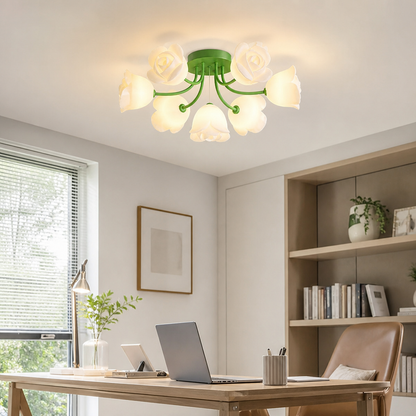 French Glass Flower LED Ceiling Lamp - Hot Bent Floral Shades on Brushed Nickel Frame