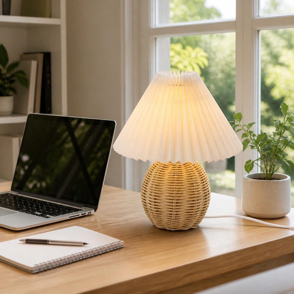 Retro Rattan Ball Table Lamp - Pleated Fabric Shade USB Light for Bedside & Nightstand