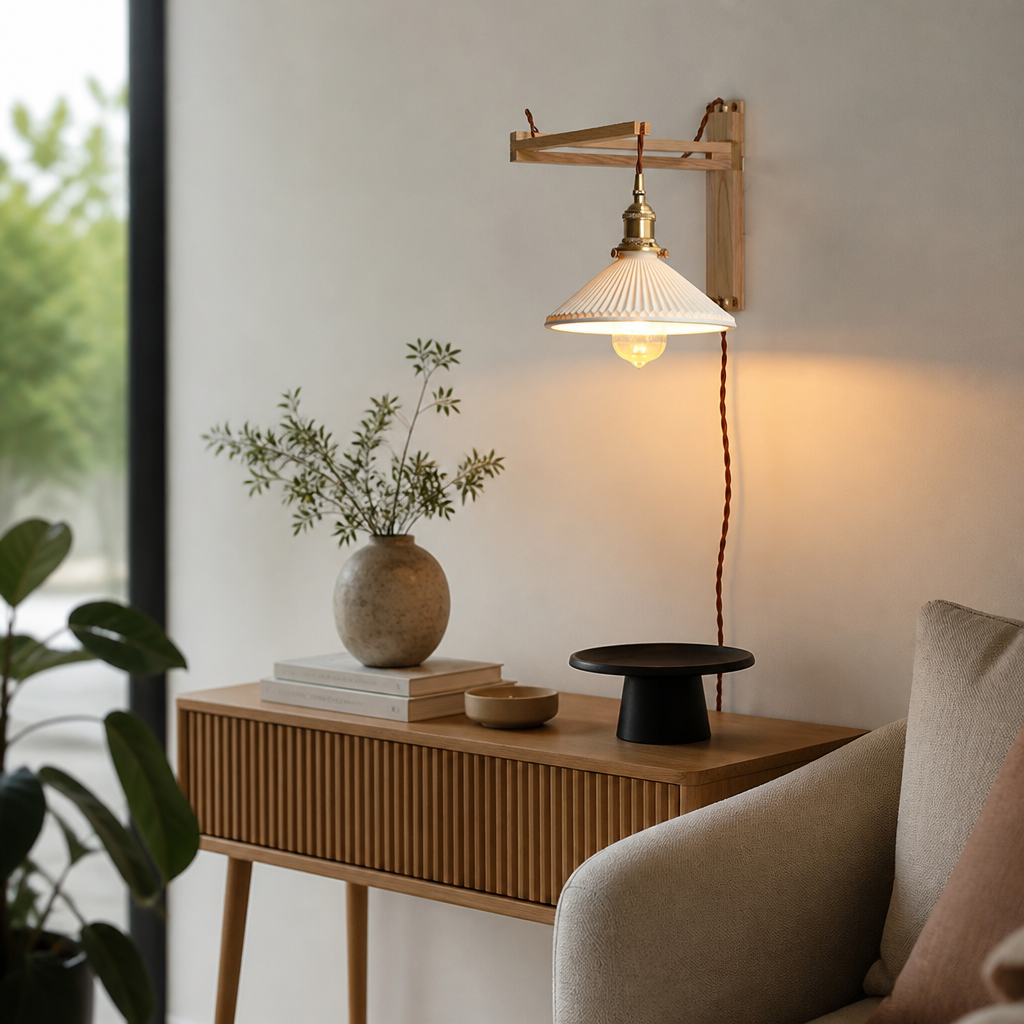 Japanese Vintage Wall Lamp - Wabi-Sabi Walnut Wood Sconce for Bedside & Hallway