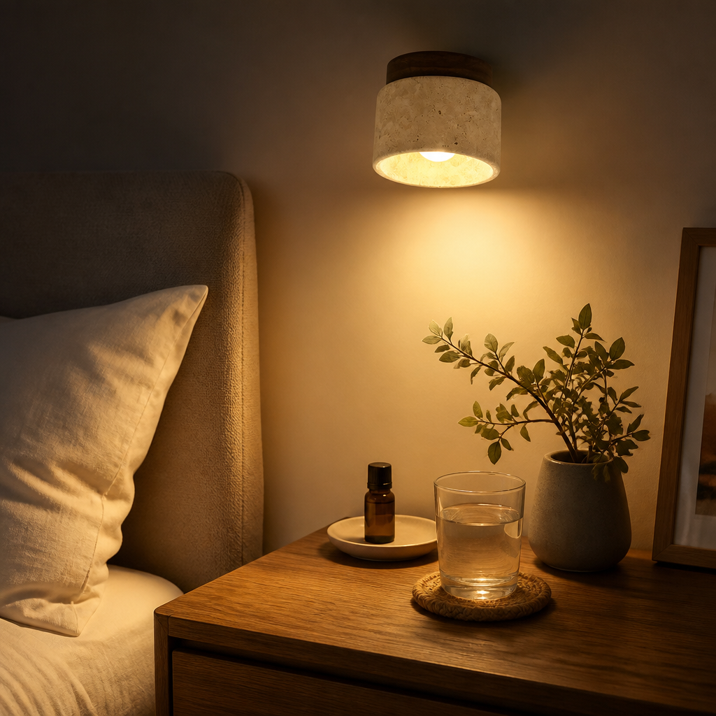 Wabi-Sabi Flush Mount Ceiling Light - Travertine Stone & Wood Lamp for Hallway & Study
