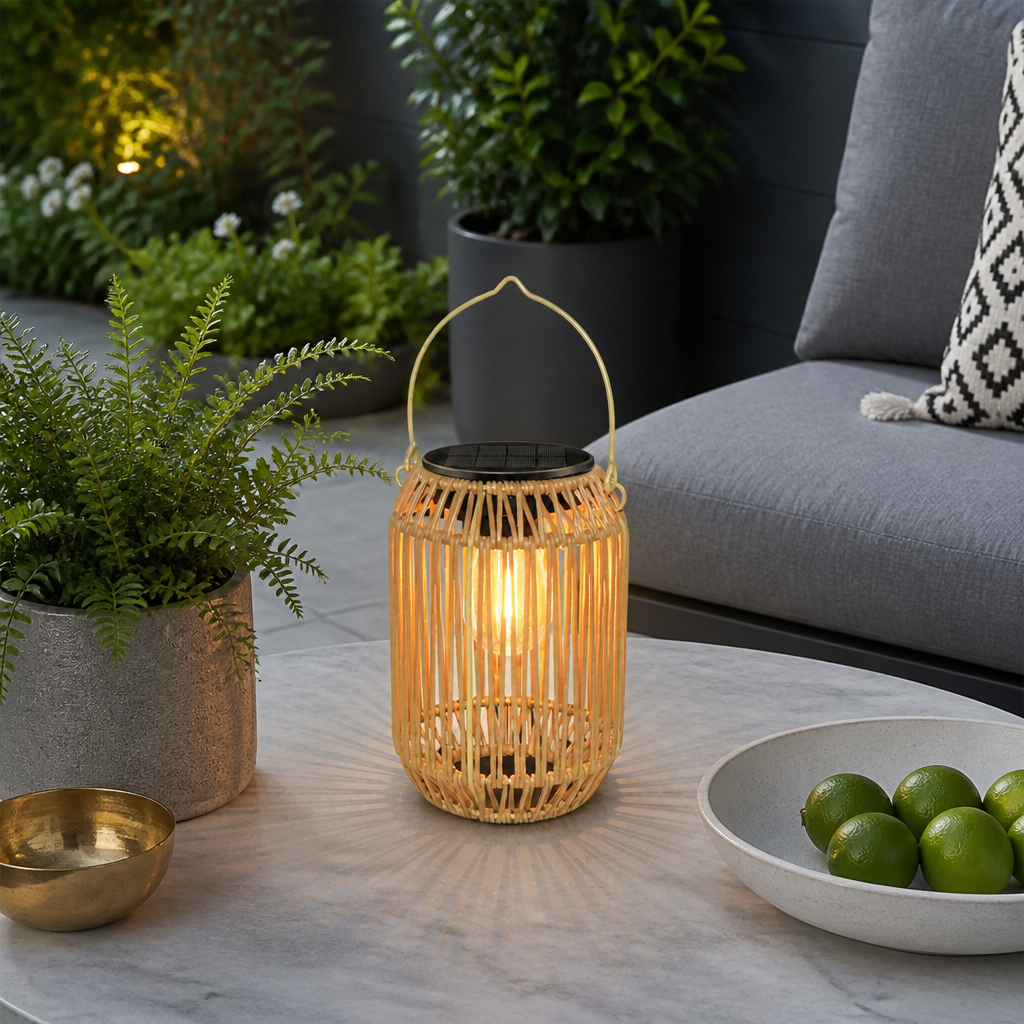 Boho Rattan Solar Lantern - IP65 Hanging Warm LED Garden Light