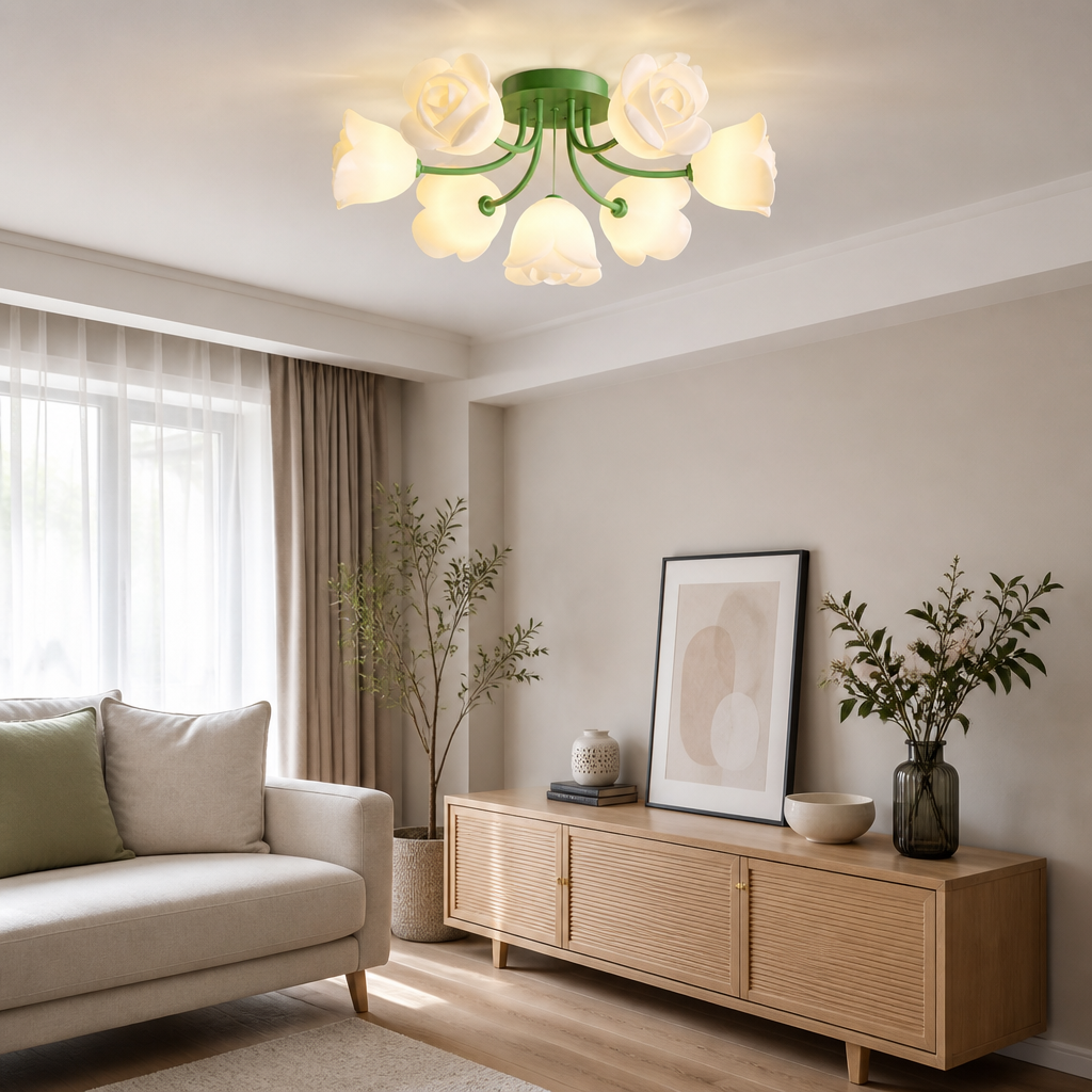 French Glass Flower LED Ceiling Lamp - Hot Bent Floral Shades on Brushed Nickel Frame