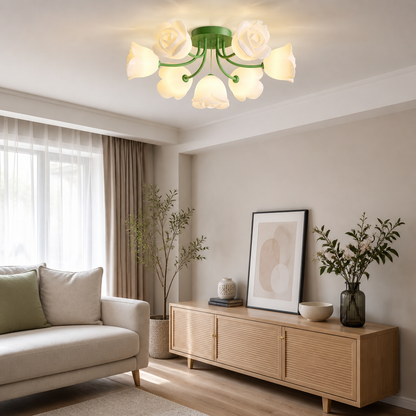 French Glass Flower LED Ceiling Lamp - Hot Bent Floral Shades on Brushed Nickel Frame