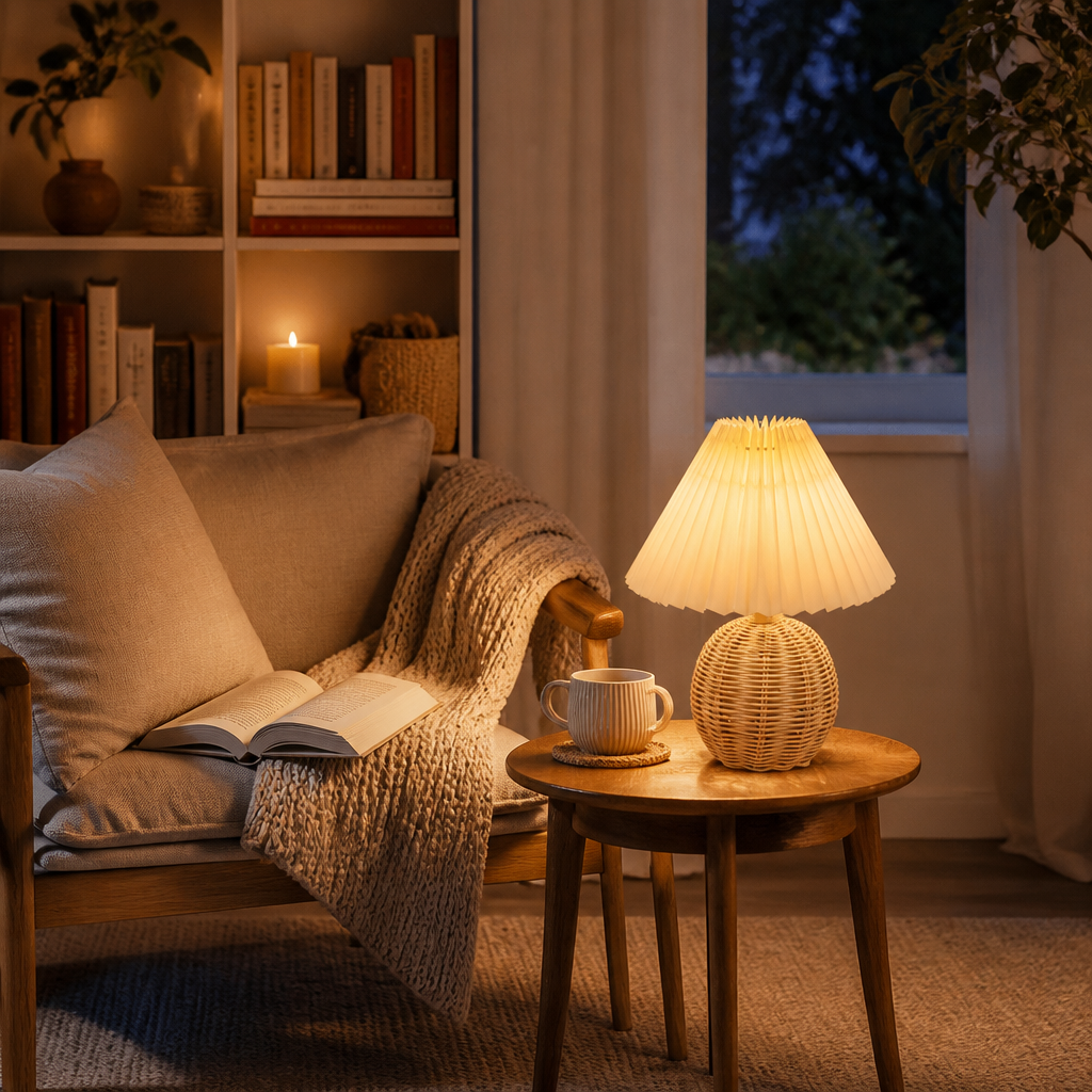 Retro Rattan Ball Table Lamp - Pleated Fabric Shade USB Light for Bedside & Nightstand