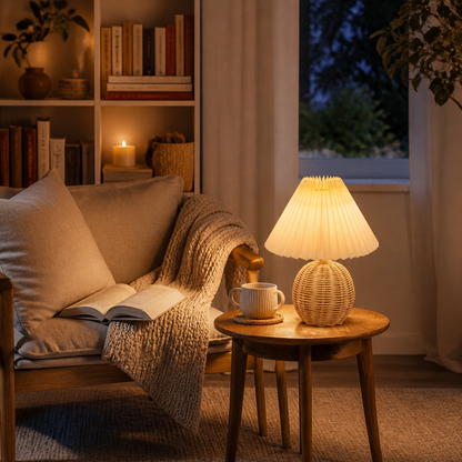 Retro Rattan Ball Table Lamp - Pleated Fabric Shade USB Light for Bedside & Nightstand