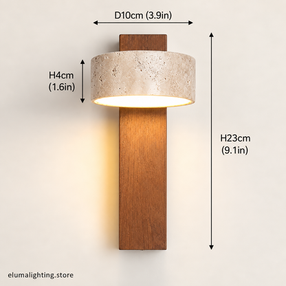 Travertine Stone & Walnut Wall Lamp - Rotatable LED Bedside Light with Pull Switch