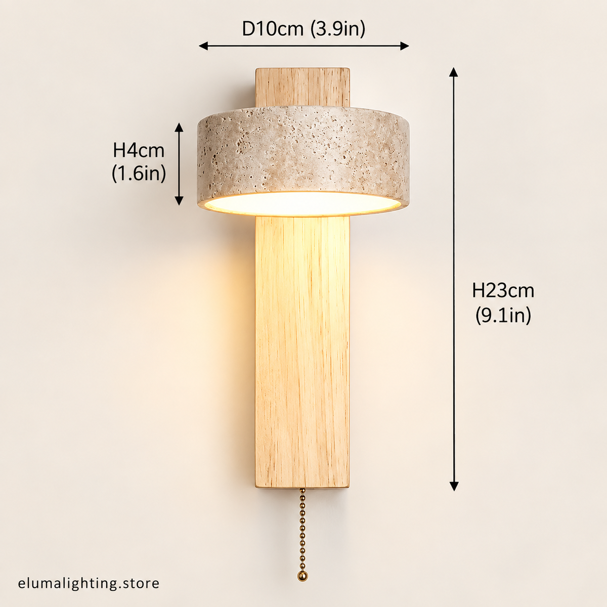Travertine Stone & Walnut Wall Lamp - Rotatable LED Bedside Light with Pull Switch
